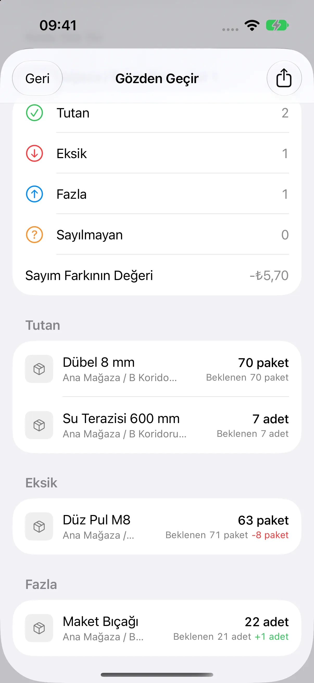Sayımın Gözden Geçir ekranı: tutan, eksik, fazla ve sayılmayan satır sayıları, sayım farkının değeri ve gruplara ayrılmış satırlar.