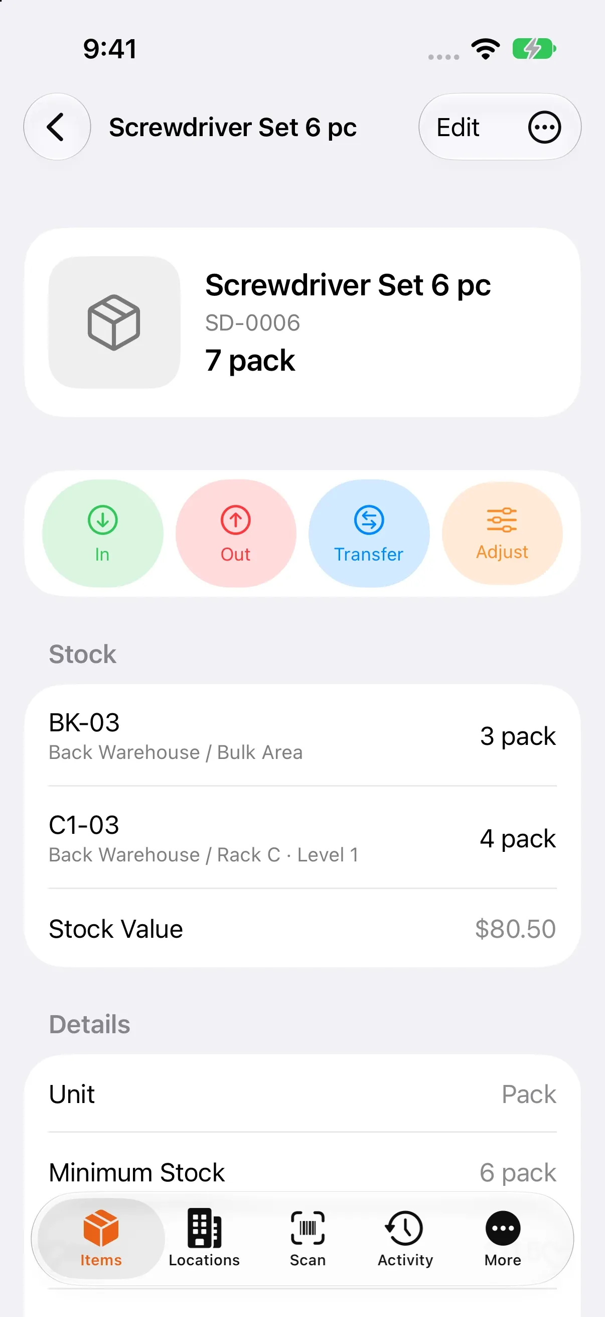 Item detail: total stock, the In, Out, Transfer and Adjust buttons, stock in two bins and the stock value.