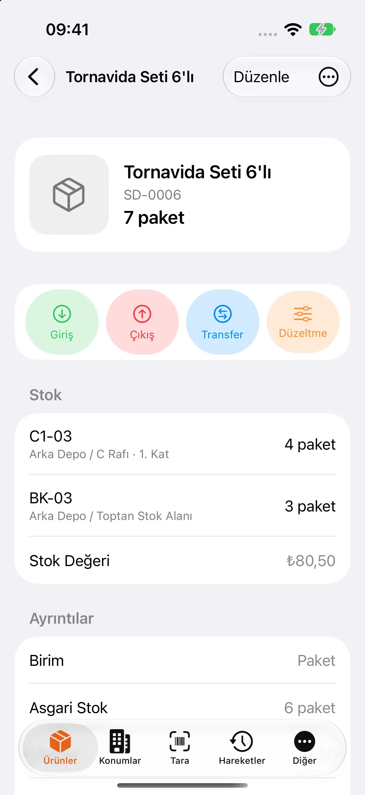 Ürün kartı: toplam stok, giriş, çıkış, transfer ve düzeltme düğmeleri, iki gözdeki stok ve stok değeri.