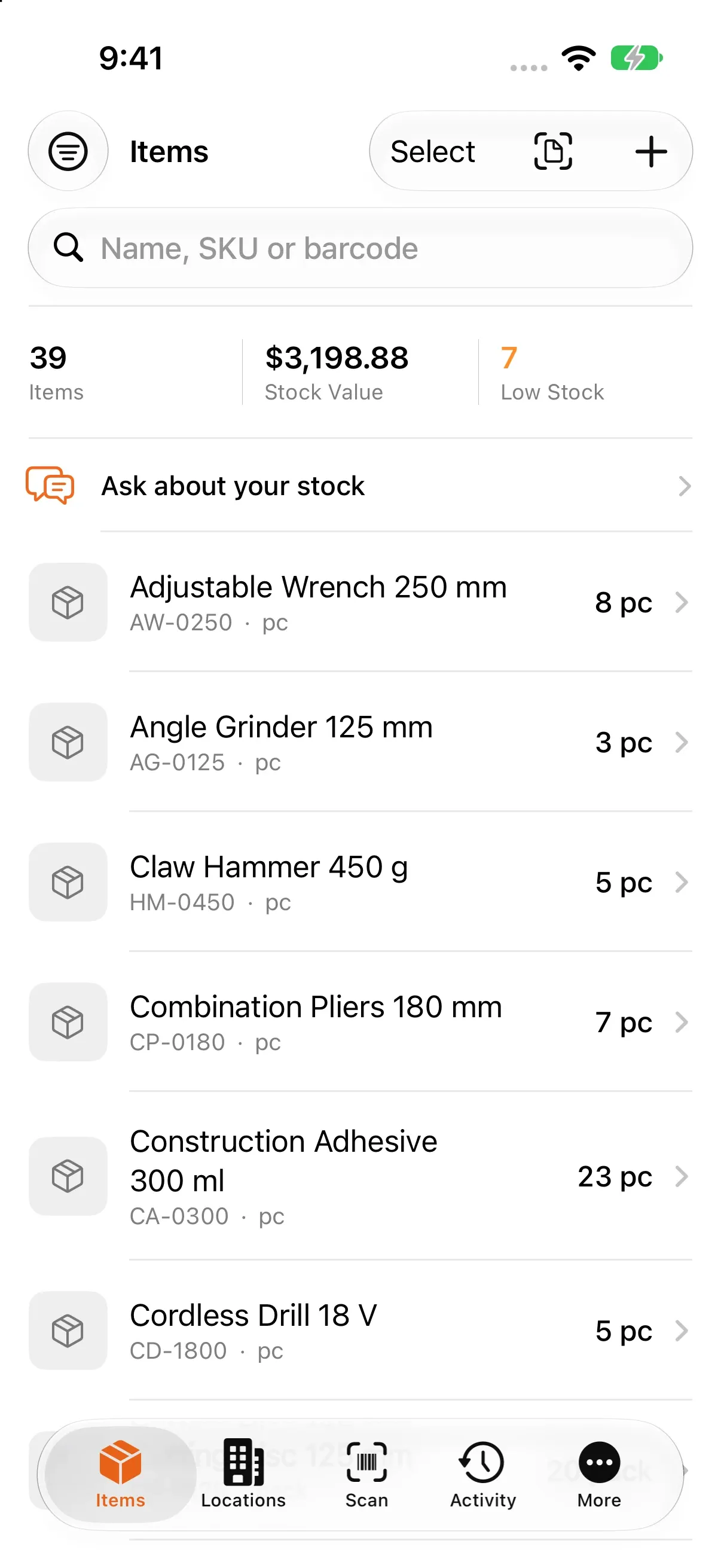 Depo's Items screen: item count, stock value and low-stock summary at the top, then the items with their stock.