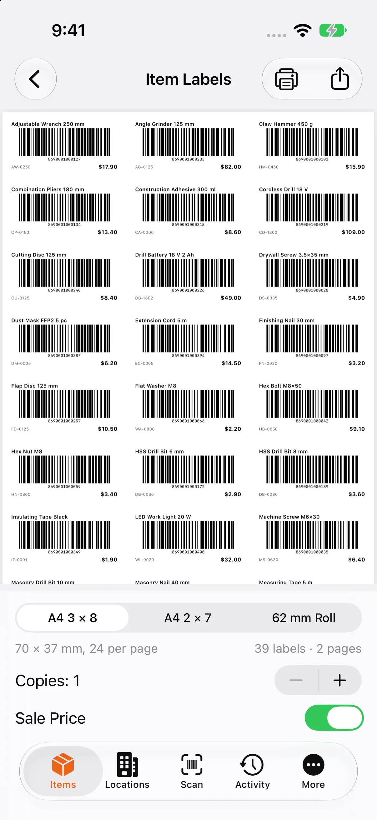 Item label preview: an A4 3 × 8 sheet of barcode labels, with the layout, copies and sale price options below.