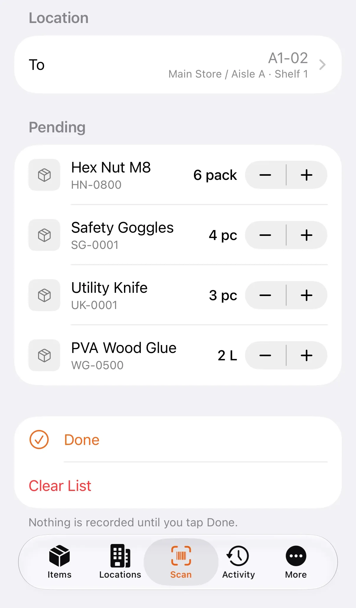 Rapid in on the scanner: four items scanned into the chosen location, pending with their quantities, and the Done button below.